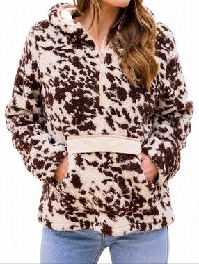 Crazy Train Cow Print Sherpa Hoodie Western Teddy Fleece Pullover M
